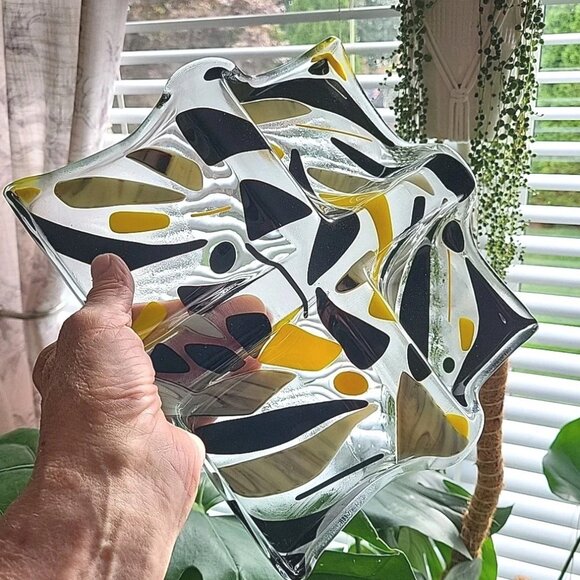 Art Glass Divided Section Dish Tray Abstract Clear Yellow Black - Picture 2 of 8
